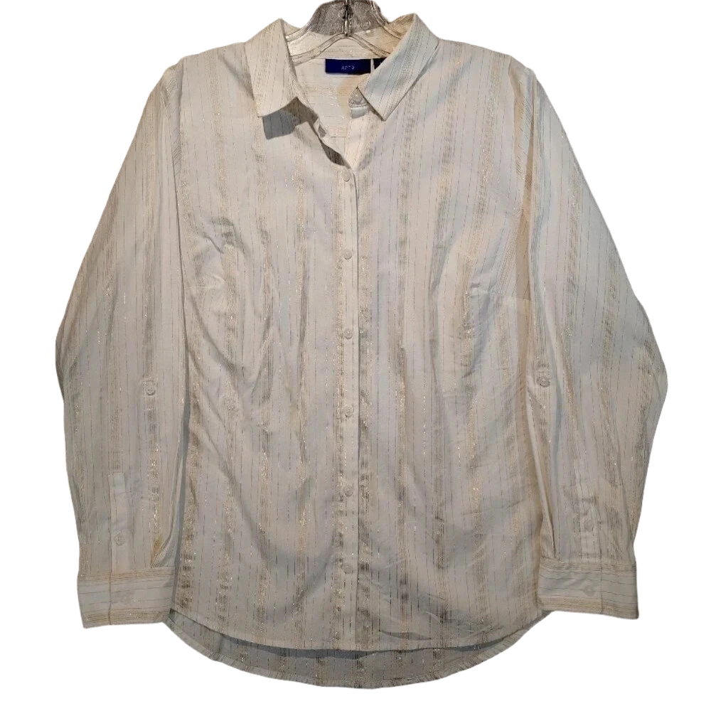 Apt 9 White & Gold Metallic Stripes Button Up Long Sleeve Dress Shirt LARGE